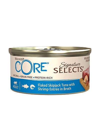 Wellness Core Signature Selects Λεπτές Νιφάδες Τόνος & Γαρίδα Σε Ζωμό 79gr