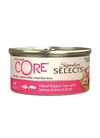 Wellness Core Signature Selects Λεπτές Νιφάδες Τόνος & Σολομός Σε Ζωμό 79gr