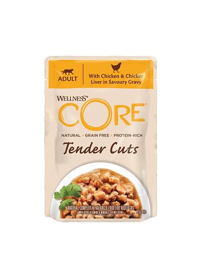 Wellness Core Tender Cuts Fillets Κοτόπουλο & Συκώτι Κοτόπουλου Σε Σάλτσα 85gr